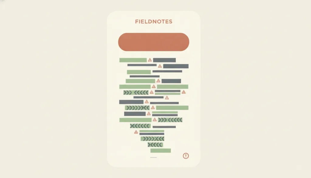 一个虚构的 FIELDNOTES 设置页面：保留订阅的按钮硕大醒目，取消路径则是藏在多层警告之下的细小灰色链接，旁边有一枚细小的警示标记。