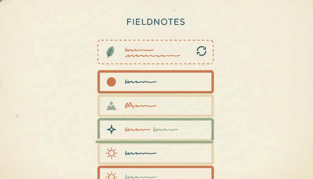 虚构的 FIELDNOTES 列表中，一条刚添加的新条目已经出现在应有位置，带有淡淡的虚线轮廓和一个小型进行中圆点，列表其余部分保持实线、正常显示。