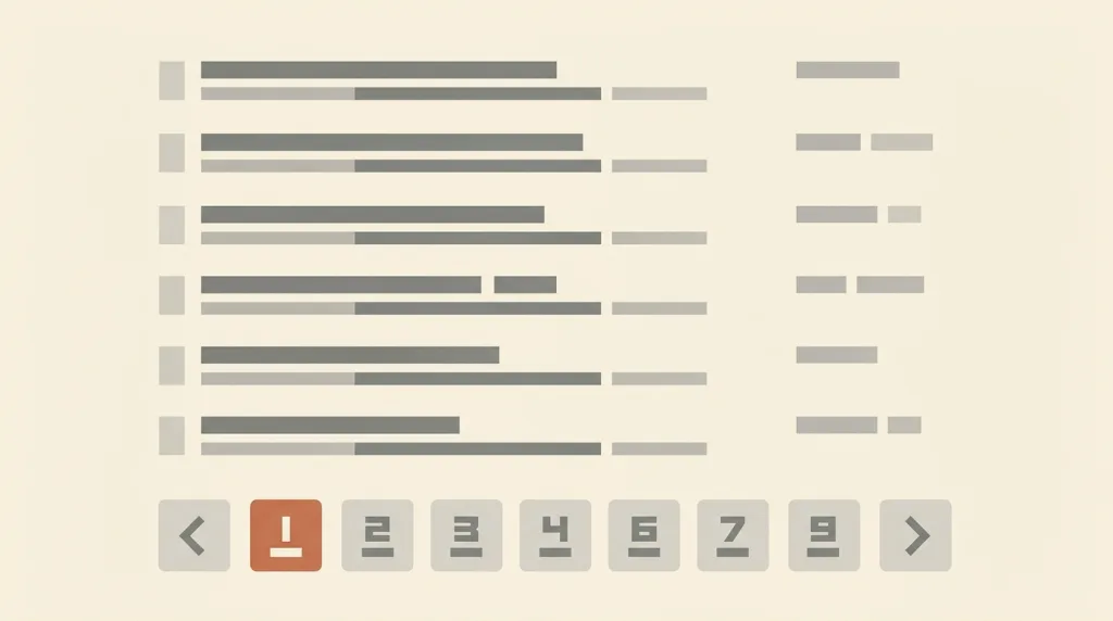 A fictional result list sketch: several rows of grey placeholder results above, and below them a pagination control with a previous arrow at the left, the current page filled in terracotta right after it, and the remaining page numbers running on from there.