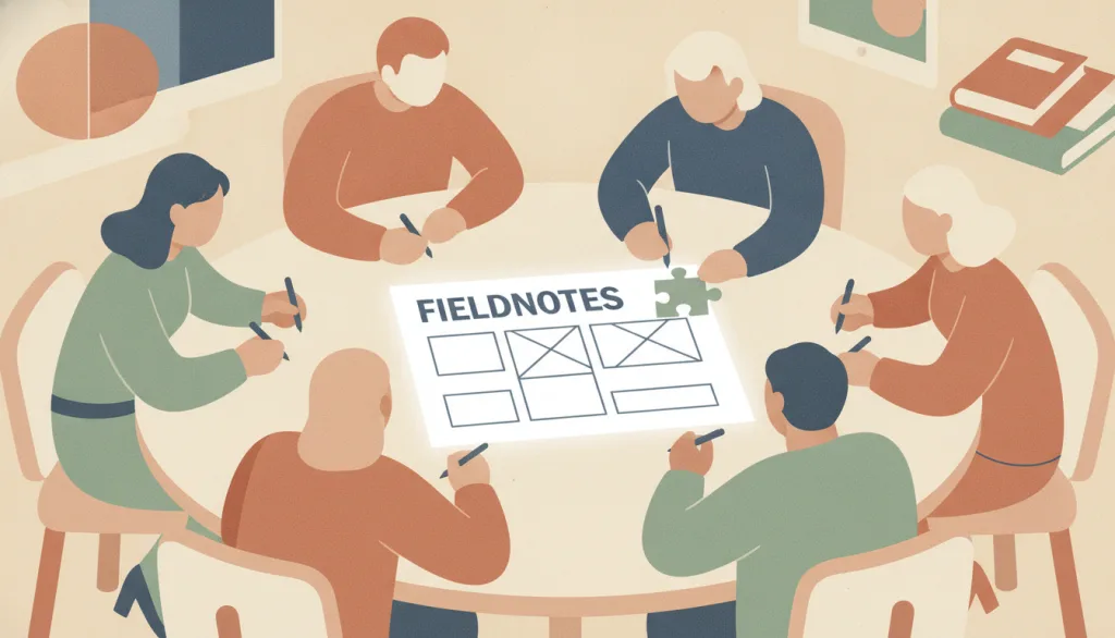 几位形状各异的人物围坐在一张摆着 FIELDNOTES 版面草图的桌旁，每人手持一支笔，其中一人正把一块拼图放到草图上。