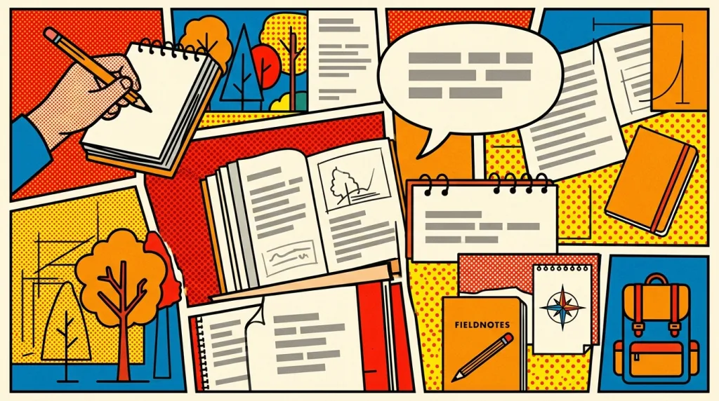 A fictional FIELDNOTES comic-style layout: heavily outlined panels filled with enlarged red and yellow halftone dots, an empty speech balloon holding grey placeholder text bars, and flat color with no gradients.
