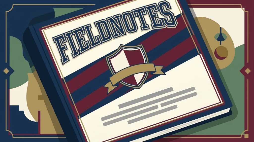 A fictional FIELDNOTES collegiate cover: a shield crest with a ribbon at the centre, heavy varsity letters above it, navy and burgundy diagonal stripes behind, and cream placeholder text bars below.