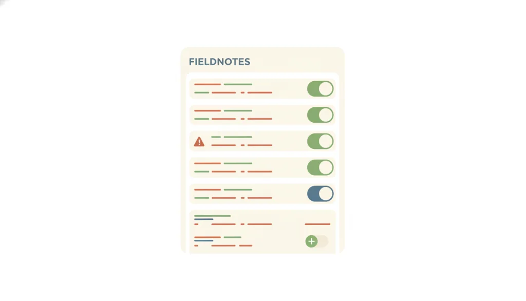 一个虚构的 FIELDNOTES 结算页面，选项列表中好几个开关已经默认打开，摘要区里有一行附加项已被默认加入，旁边一个已勾选的行边有一枚细小的警示三角。