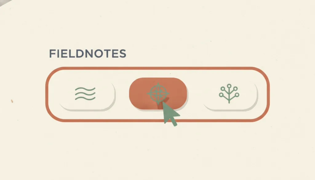 虚构的 FIELDNOTES 工具栏上有三个相同的按钮，中间一个在光标按压下呈现更深的填充并内陷，两侧按钮保持浅色静止状态。