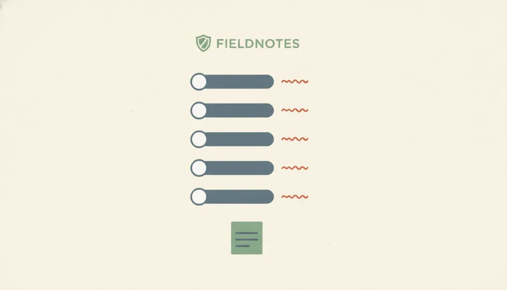 一个名为 FIELDNOTES 的虚构隐私设置界面，五个开关默认全部关闭，顶部有小盾牌图标，下方是一张简短的数据用途说明卡片。