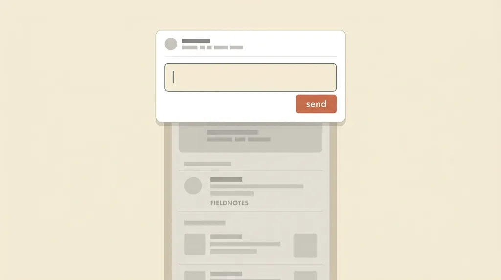 A sketch: a fictional message notification expanded at the top of a screen, holding a text field with a caret and a send button, with a small line above the field naming the conversation being replied to; beneath it the original interface is dimmed, showing that the user has not left the current task.