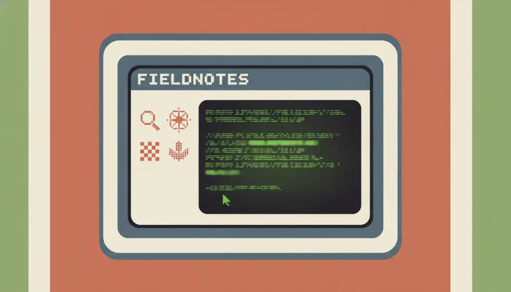 一个名为 FIELDNOTES 的虚构界面，呈现为早期计算机窗口：立体凸起的窗口边框、1-bit 抖动图标，深色磷光绿色调面板上有一段等宽字体文字块，隐约可见扫描线，整体色调低调统一，仅以磷光绿作为唯一强调色。