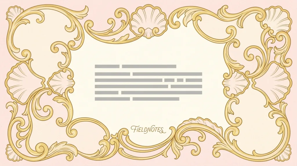 A fictional FIELDNOTES cover: gilt scroll and shell-shaped borders curling around a pale pink and cream ground, grey placeholder text bars in the clearing at the centre, and a fine script wordmark below them.