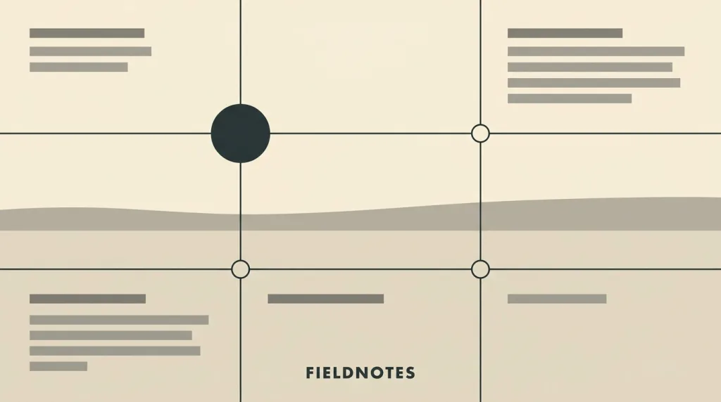 A composition sketch: a landscape frame divided into nine parts by two horizontal and two vertical lines, a horizon sitting on the lower horizontal line, a dark round subject at the upper-left intersection, and all four intersections marked with small circles.