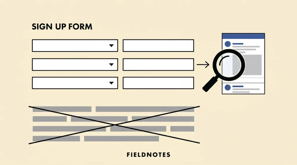 A sketch: a fictional sign-up form listing three rows of dropdown security questions with answer fields beside them, and to the right a magnifying-glass icon pointing at a social feed to show the same answers can be found in public information, with a crossed-out run of grey placeholder text beneath the form.