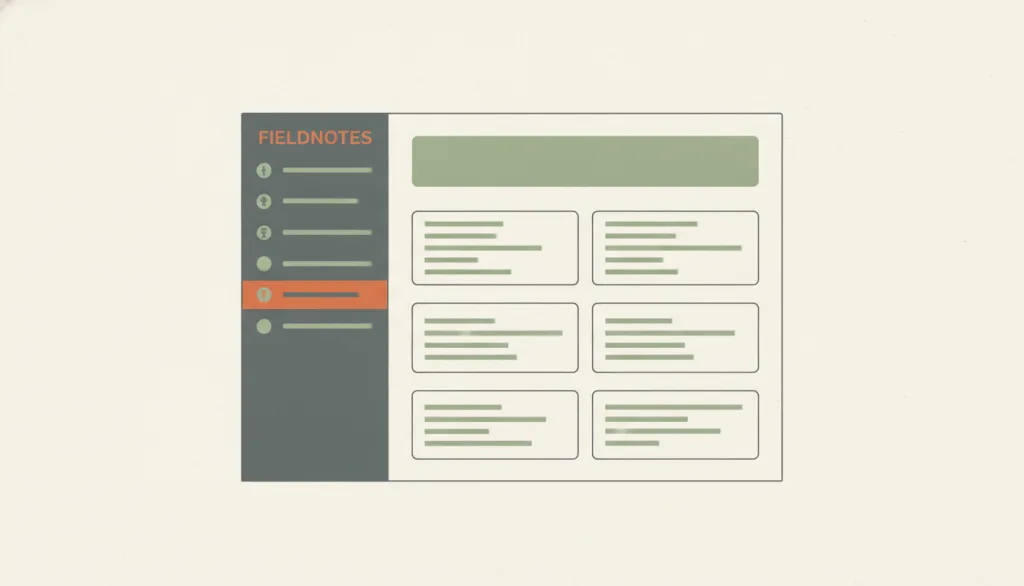 一个虚构的 FIELDNOTES 应用界面：左侧是一条窄的深色纵向侧栏，排列着图标加标签的导航行，其中一行以陶土色高亮为当前项；右侧是宽阔的主内容区，有一条标题栏和两列卡片。