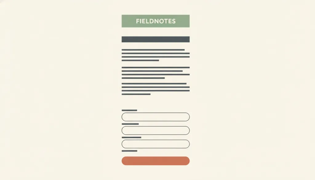 一个虚构的 FIELDNOTES 文章与表单页面，内容居中排成一列：标题、几段正文、上下堆叠的表单字段与一个按钮，两侧留白宽裕。