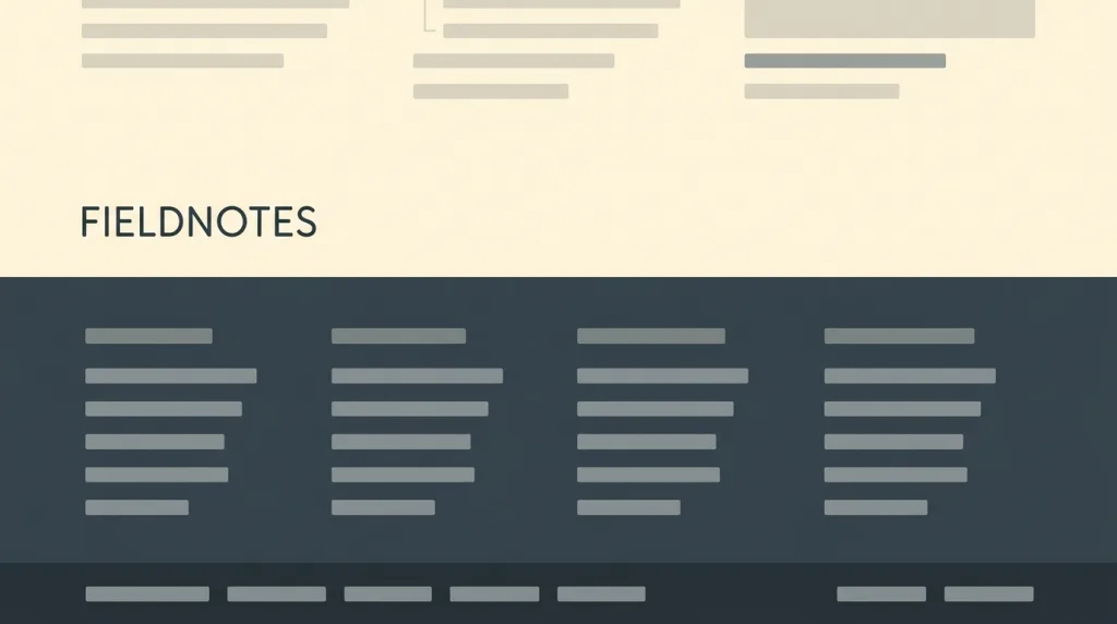 A fictional FIELDNOTES page-bottom sketch: a dark full-width band divided into four columns of grey placeholder link bars under small headings, with a bottom row of copyright and policy link bars.