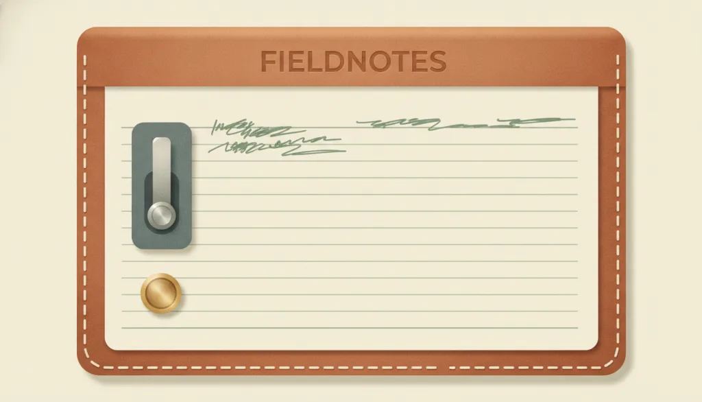 一个名为 FIELDNOTES 的虚构笔记应用，呈现为带缝线的皮革封面和一页纸张，配有一个实体式拨动开关和一枚黄铜色按钮，示意拟物化设计。