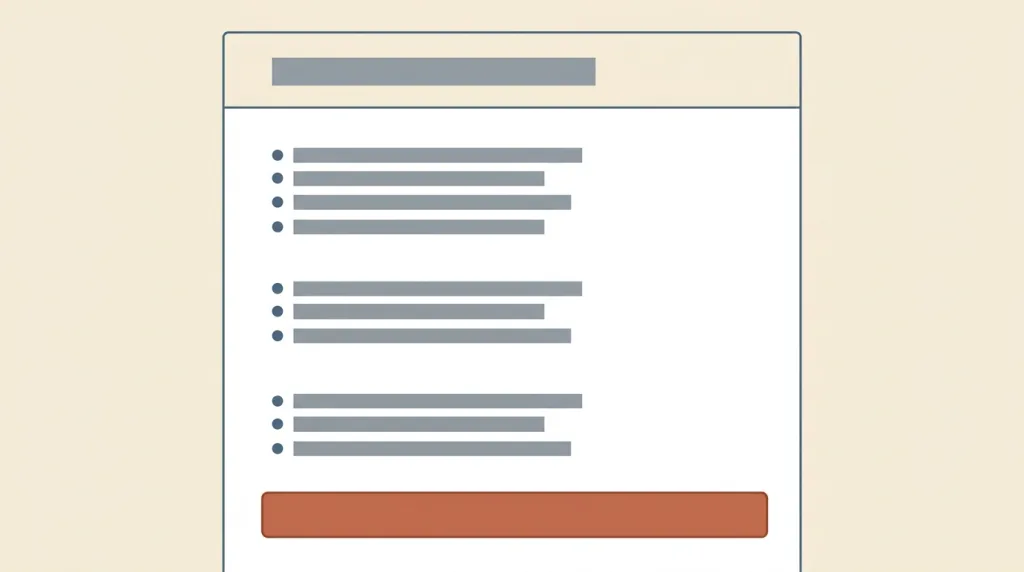 A fictional FIELDNOTES service explanation page sketch: a grey placeholder headline bar at the top, three bulleted groups of placeholder bars below it for what the service does, who it applies to, and what to prepare, and a single primary button at the bottom.