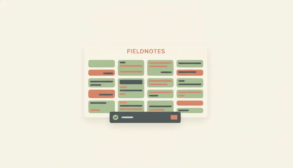 虚构的 FIELDNOTES 页面底部滑出一条深色小条：左侧是绿色对勾图标，中间一段短文字条，右侧一个小按钮，上方的卡片网格保持原样未被遮挡。