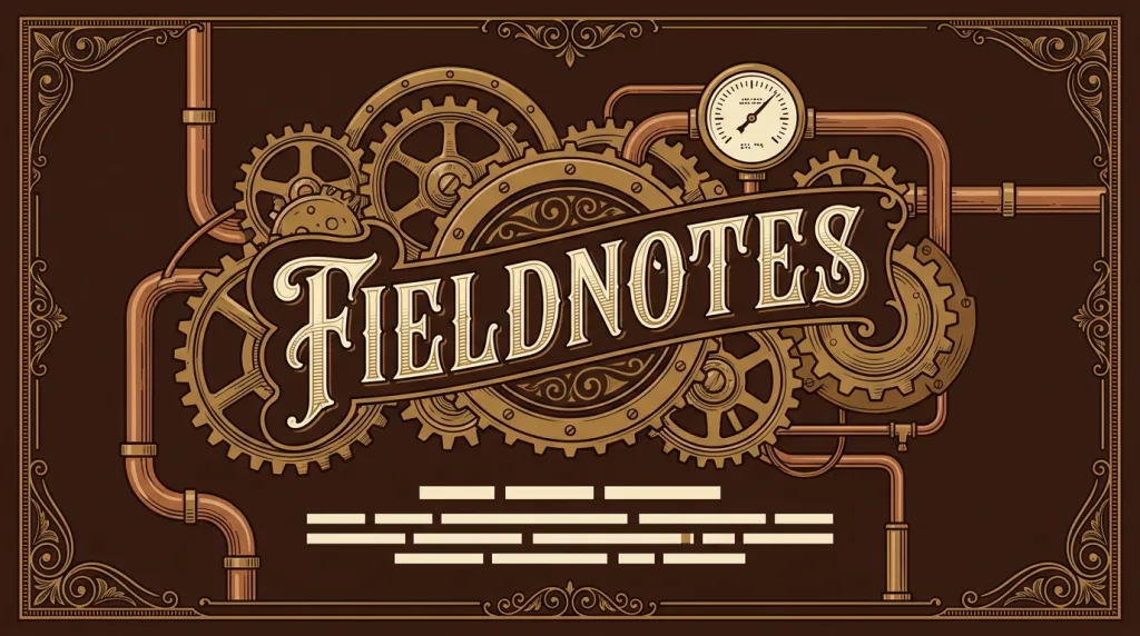 A fictional FIELDNOTES cover on deep brown: exposed brass gears, rivets, and a pressure gauge around a Victorian display title, engraving-style fine-line ornament at the edges, and warm white placeholder text bars below.