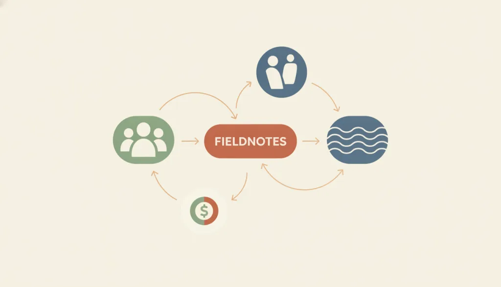 一个名为 FIELDNOTES 的虚构产品节点，用反馈箭头连接到代表人、激励与下游影响的周边节点，其中一条箭头绕回自身形成闭环。