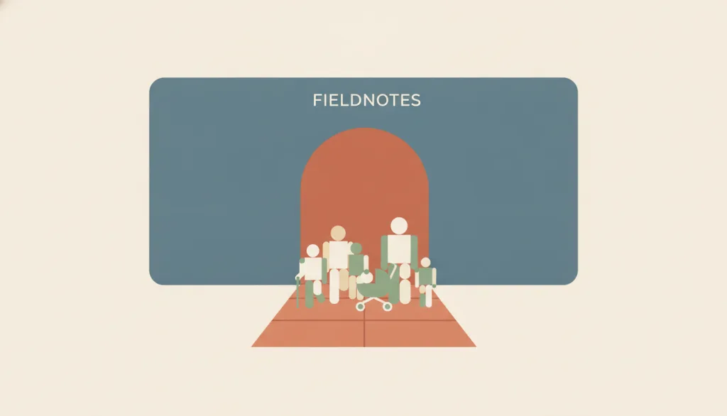 一条宽阔的门廊兼坡道，通向一个名为 FIELDNOTES 的虚构界面，一位使用拐杖的人物、一位推着婴儿车的人物和一个孩子并排走入其中。
