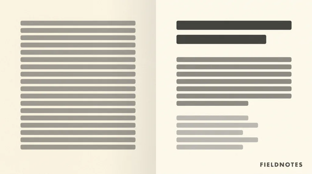 A side-by-side sketch: on the left a page where every grey placeholder bar is nearly the same size and tone with even spacing; on the right the same content resolved into three visible levels — one heavy heading bar, several medium body bars, and a group of smaller, paler caption bars, with whitespace between the groups.