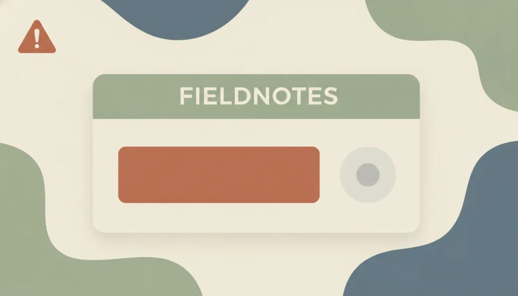 一张虚构的 FIELDNOTES 同意卡片：一枚饱和的赭红色主按钮硕大醒目，旁边是同等重要却几乎看不清的灰色对灰色次要链接，角落有一枚细小的警示三角标记。