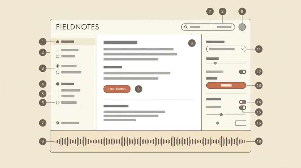 A fictional FIELDNOTES interface sketch: a round number marker floating beside every operable control, one button with a visible text label highlighted, and a waveform strip at the bottom showing that the system is listening.