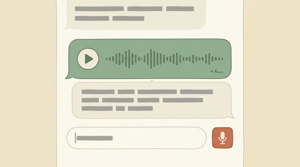 A fictional chat interface sketch: a voice message bubble holding a play button, a waveform, and a duration mark, a grey placeholder text run labelled as a transcript beneath it, and a microphone button at the right of the input bar.