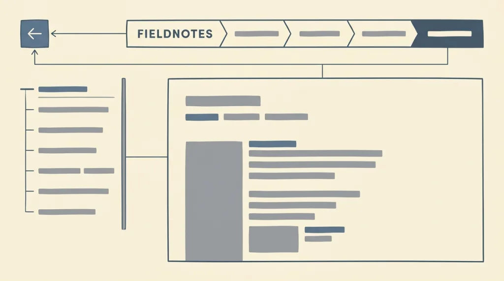 A fictional FIELDNOTES interface sketch: a breadcrumb across the top marking the current position with the current level darkened, a list of sibling branches down the left, and an explicit control back to the level above at the top left, each joined by a thin line to the content area at the centre.
