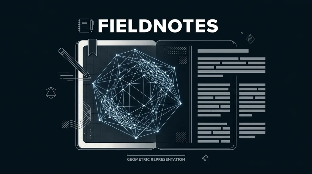 一张名为 FIELDNOTES 的虚构深色页面：中央是一个只由顶点与边构成的三维线框立体，背面的线同样可见，曲率大的地方线更密，右侧排着冷白色占位文本条。